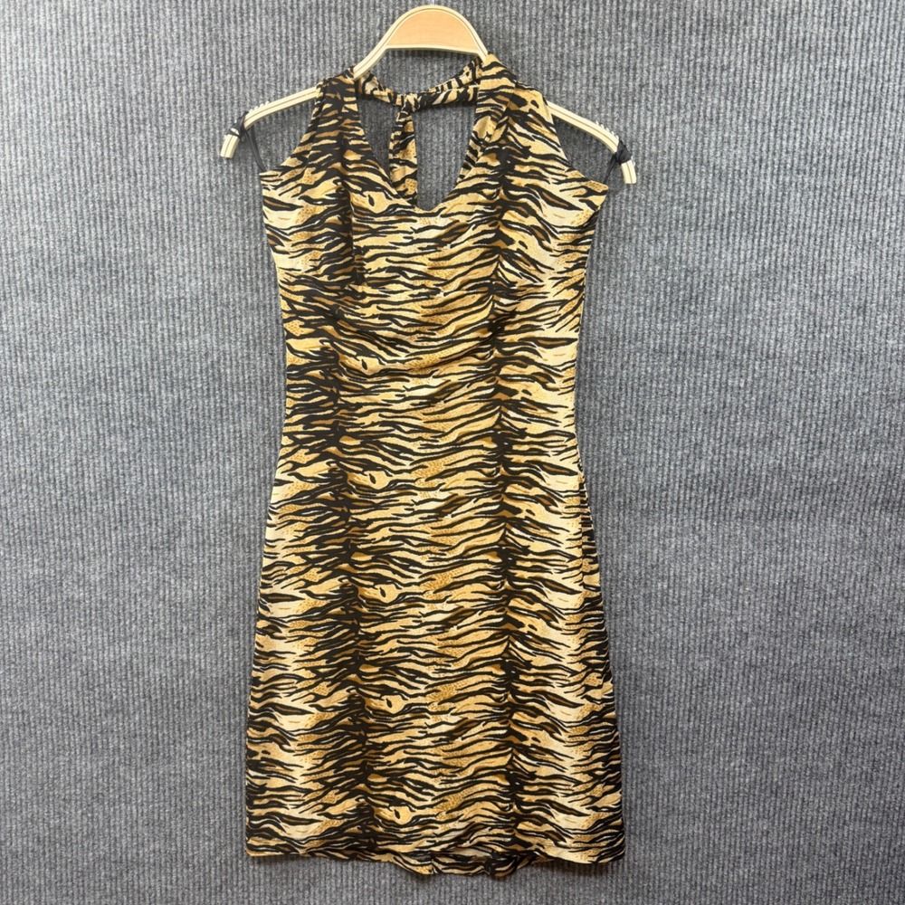 Guess Halter Dress Women Large Tan Tiger Print Mesh Overlay Y2K Vintage Bodycon